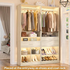 Unikito 50” W x 80'' H Closet Organizer Storage System with 2 Hanging Rod and 2 Wooden Drawers, Adjustable Shoes Rack, 4 Cubby Storage, Walk-in Closet Tower for Bedroom, Mudroom, Entryway, White Oak