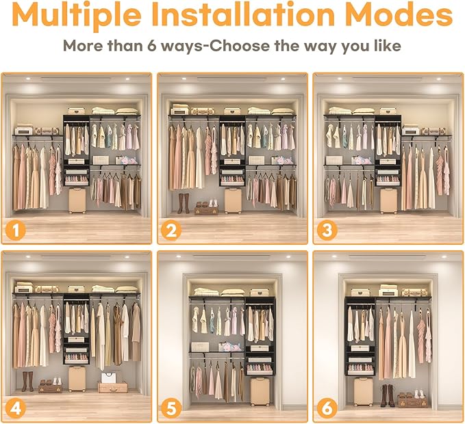 Cyclysio 96 Inch Closet Organizers and Storage, 8 FT Hanging Closet Organizer with 4 Adjustable Rods, Wardrobe Organizers with 3 Shelving Towers for 4-8FT Spaces(Cut-to-Fit), Black