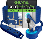 GEARit 360 Rotating Flat Plug Extension Cord with 3 Outlets (15ft, Navy) 16AWG/13A 3 Prong Wire, Outlet Saver for Home Office Dorm Room Essentials, ETL Certified