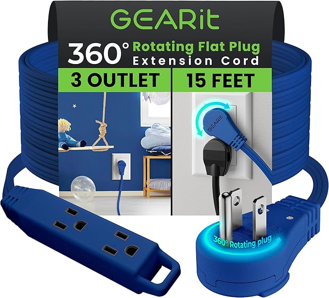 GEARit 360 Rotating Flat Plug Extension Cord with 3 Outlets (15ft, Navy) 16AWG/13A 3 Prong Wire, Outlet Saver for Home Office Dorm Room Essentials, ETL Certified