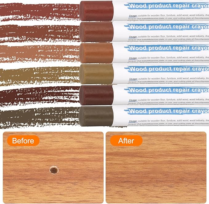HARFINGTON Wood Filler Sticks 6 Colors Wooden Wax Touch Up Furniture Repair Crayons for Brown, Red, Begonia, Red Oak, Light Teal, Light Red Maple