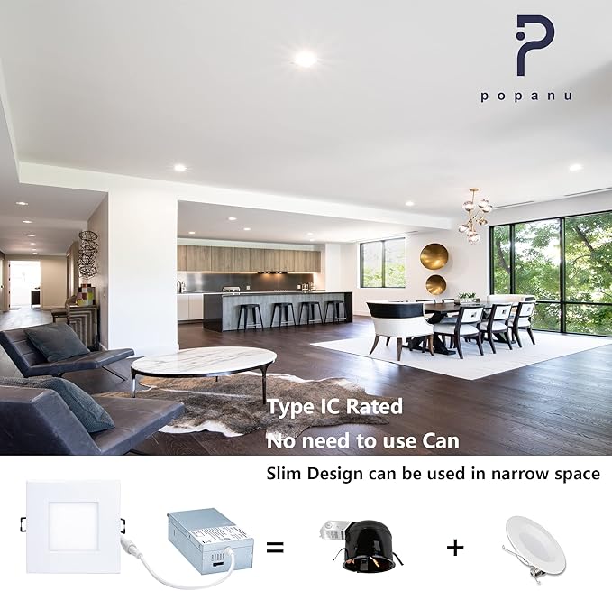 4-inch LED Canless Recessed Slim-Downlight 5 CCT Adjustable Dimmable Recessed Lights Fixture with Junction Box, Ceilling Light with Junction Box, 2700-5000K, 9W, White Square Finish, 6 Pack