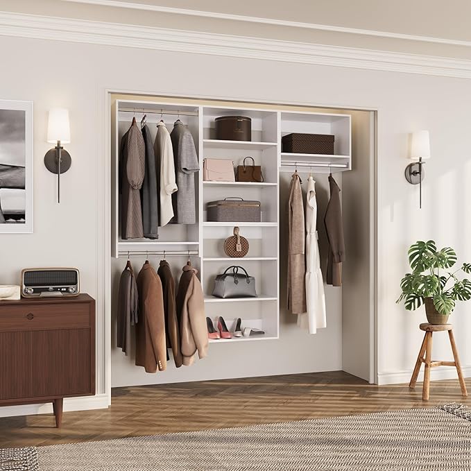 ROOMTEC Modular Closet System, 66" Wall-Mounted Closet Organizer with Hanging Rods, Modern Wooden Tower for Walk-In Closets, Wardrobe Storage Kit, White