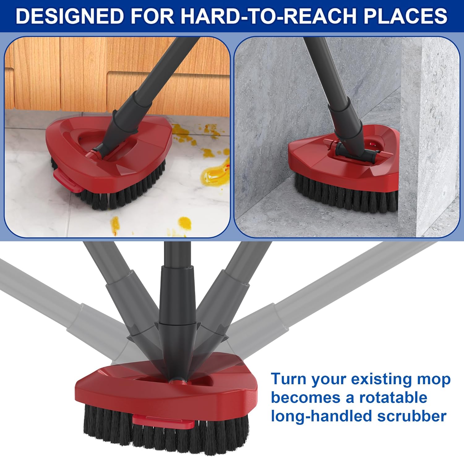 Scrub Brush with Mop Base — Aftermarket Replacement for 2‑Tank Spin Mop Systems, Triangle Scrub Head with Nylon Bristles for Hard Floor Cleaning — 1‑Pack