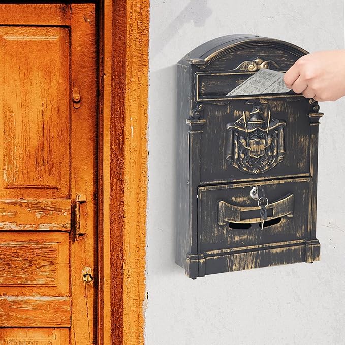 Vintage Wall Mount Mailboxes for House, Rust-Resistant Locking Mailbox with Key Locks, Galvanized Steel Outdoor Mailboxes, Bronze