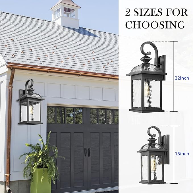 Darkaway Outdoor Lights Fixture Wall Mount, Large 22inch Exterior Wall Light with Water Ripple Glass Waterproof Black Outside Wall Sconce for House Porch Hallway Garage