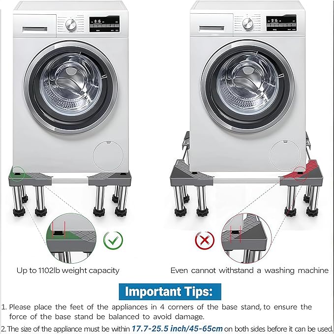 SEISSO Mini Fridge Stand Adjust Height 7"-8.2", Adjustable Heavy Duty Washing Machine Pedestal Stand, Load Capacity 1100LB, Universal Refrigerators Stand, Washer and Dryer Pedestal for Home 17.7"-25.5"
