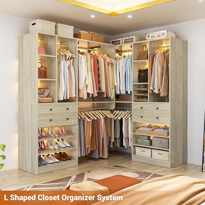 10FT Closet System with 4 Drawers, 120" Closet Organizer System with 6 Hanging Robs & Reversible Hanging Shelving, Closet Systems for Walk-in Closets, Load 2000+LBS, Greige Oak 2 Pack