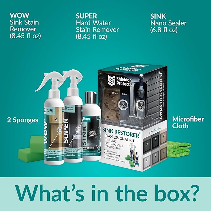 Shieldon Protects Sink Restorer Kit – 3-Step System: Heavy Duty Kitchen Sink Cleaner, Hard Water Stain Remover & Nano Sealer Protector for Granite Composite, Quartz, Porcelain & Ceramic Kitchen Sinks