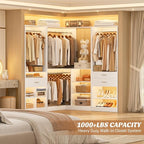 Unikito 86” Corner Closet System, Modular Closets Organizer with 4 Hanging Rods and Storage Shelves, Freestanding Adjustable Wood Clothes Garment Rack with Drawers, Sturdy Walk in Closet Tower, White