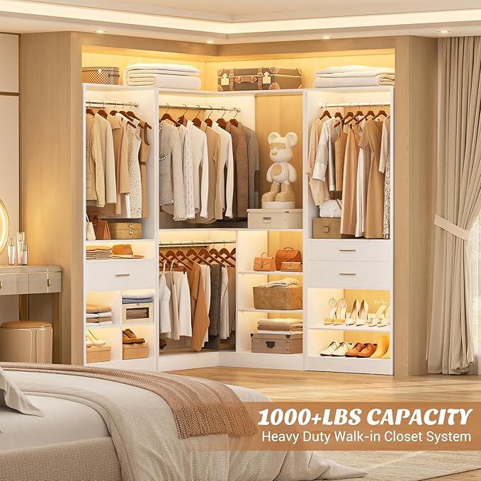 Unikito 86” Corner Closet System, Modular Closets Organizer with 4 Hanging Rods and Storage Shelves, Freestanding Adjustable Wood Clothes Garment Rack with Drawers, Sturdy Walk in Closet Tower, White