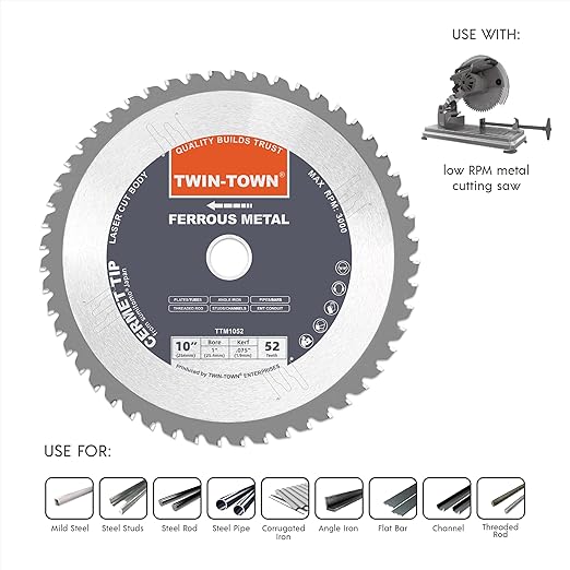 TWIN-TOWN 10-Inch 52 Teeth Dry Cut Steel and Ferrous Metal Cermet Saw Blade with 1-Inch Arbor