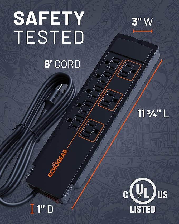 ECHOGEAR ShockBlocker 8 Outlet Surge Protector Power Strip - Slim Design Can Power & Protect Your Entire TV, Office, Or Gaming Setup - Advanced Surge Suppressor with 3420 Joules of Protection