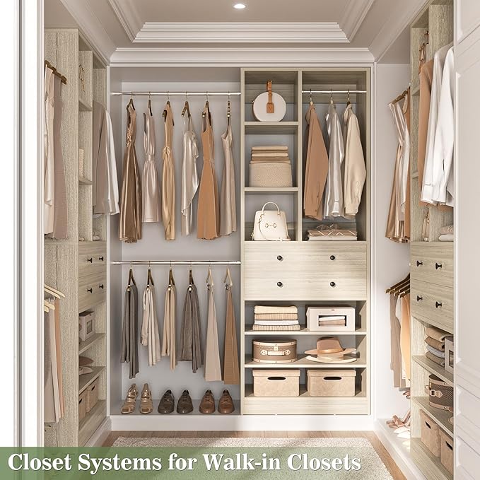 Closet System, 4.2–8.8 FT Closet Organizer with 2 Wooden Drawers and Shelves, Walk-in Closet System with 5 Hang Rods, Built-in Reach in Closet Tower, Can Fit 60 to 96 inch, Greige Oak