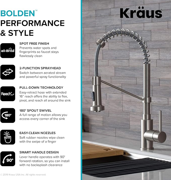 KRAUS Bolden Commercial Style 2-Function Single Handle Pull Down Kitchen Faucet in Spot-Free Stainless Steel, KPF-1610SFS