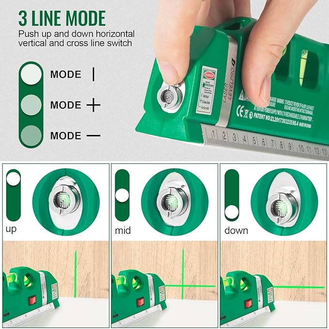 Level Tool Laser Level Leveler tool Cross Line Vertical and Horizontal Line with USB Rechargeable for Picture Hanging cabinets Tile Walls by AikTryee.