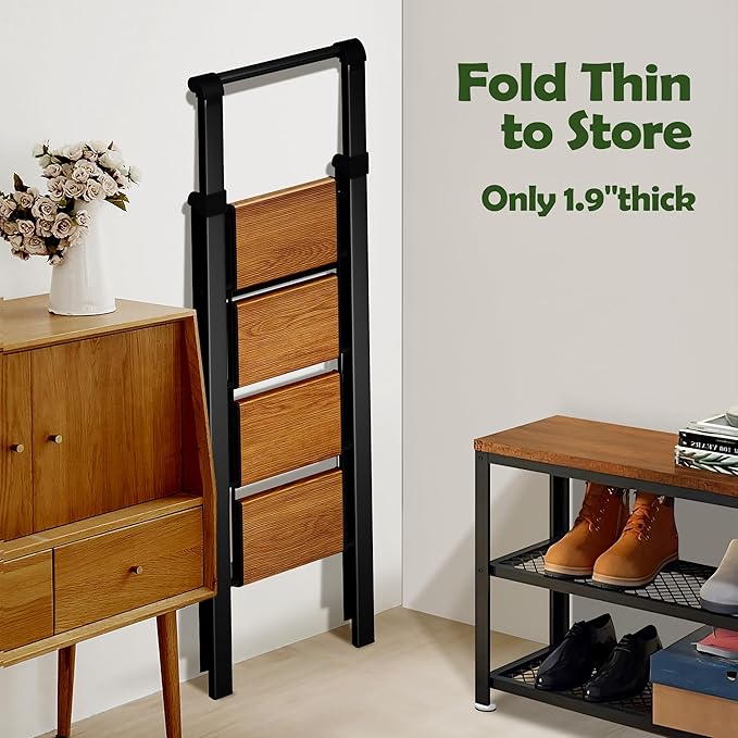 Taranta 4 Step Ladder, Portable Folding Ladder with Wide Pedal, Lightweight Aluminum Step Stool with Convenient Handgrip, 330 lbs Capacity Stepladder for Home, Office - BlackWoodgrain