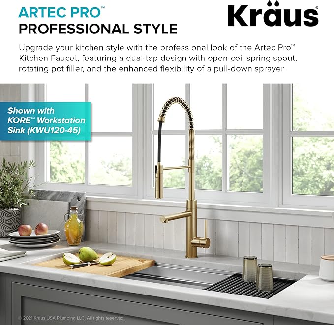 KRAUS Artec Pro Commercial Style Pull-Down Single Handle Kitchen Faucet with Pot Filler in Brushed Brass, KPF-1604BB