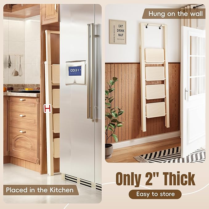 GameGem 4 Step Ladder Folding Step Stool, Foldable Ladder with Ergonomic Heightened Top Grip, Tall Step Ladder with Widened Anti-Slip Pedal for Closet, 330Lbs Load, Fold Thin and Tight, Cream White