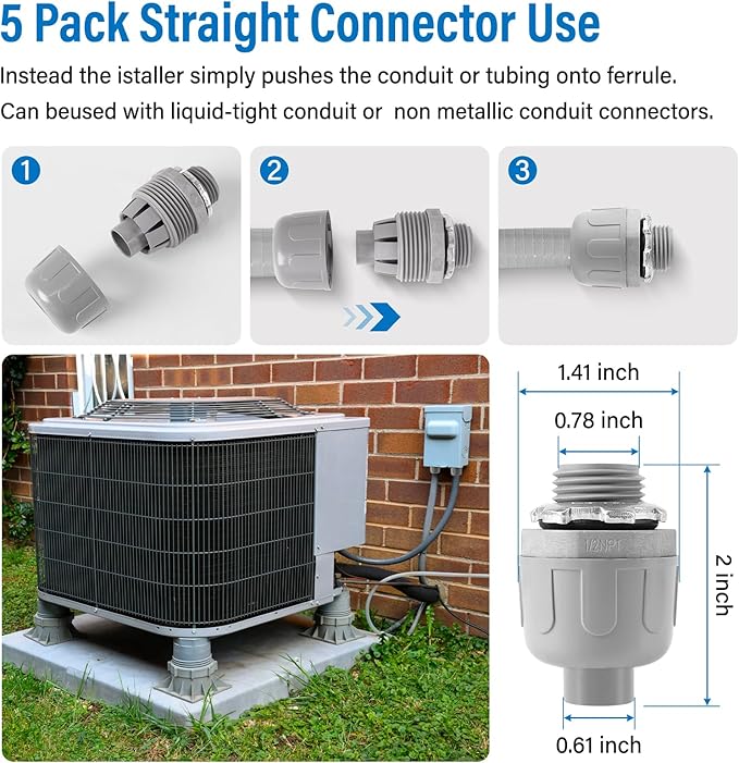 1/2-Inch Electrical Conduit Connector Kit,8-Pack Nonmetallic Plastic Liquid Tight Connector with 5 Straight,3 90 Degree Angle Fittings