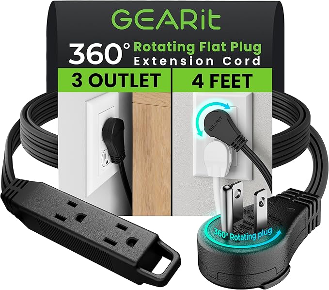 GEARit 360 Rotating Flat Plug Extension Cord (4ft, Black) Multi 3-Outlet Extension 16 AWG Wire, Adapter for Small Spaces, Right Angle Socket, ETL Certified - 4 Feet
