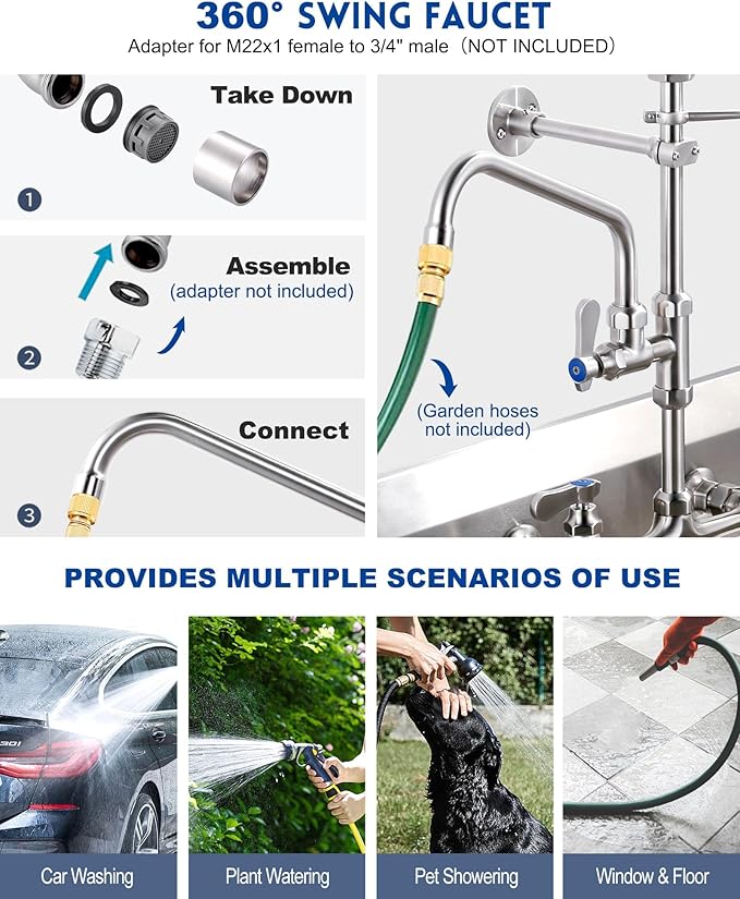 [New Upgrade] Brushed Nickel 21" Height Commercial Kitchen Faucet with Pre-Rinse Sprayer 8 Inch Center Wall Mount Kitchen Sink Faucet with 10" Add-on Swing Spout for 1/2 Compartment Sink