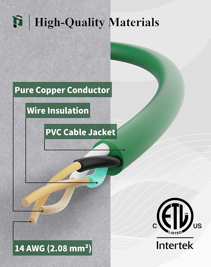 PLUGTUL 15FT Outdoor Extension Cord with Multiple Outlets, 14 Gauge, 3-Outlet, SJTW, 15A 14AWG 1875W SJTW, ETL Listed - Great for Christmas Decoration Lights, Green