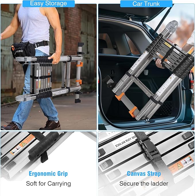 Telescoping Ladders 16.5FT A Frame Stainless Steel Extension Ladder,Heavy Duty Lasts for 375LBS,with Balance Bar and Movable Wheel,Multi-Purpose Collapsible Ladder for Outdoor Indoor