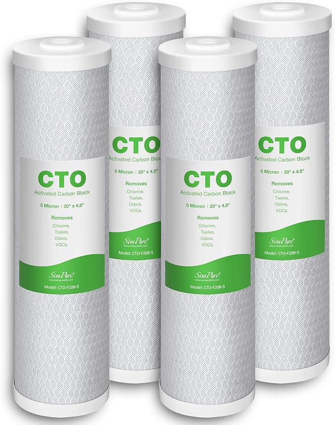 SimPure Whole House Water Filter, 20" x 4.5" BB Activated Carbon Block Filter Replacement Cartridge Coconut CTO Filter (4 Pack)
