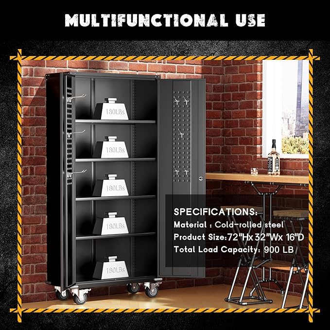 Greenvelly Metal Garage Storage Cabinet with Wheels, Black 72" Rolling Storage Cabinet with 2 Doors and Adjustable Shelves, Steel Tool Cabinets, Metal File Cabinets for Garage, Home Office