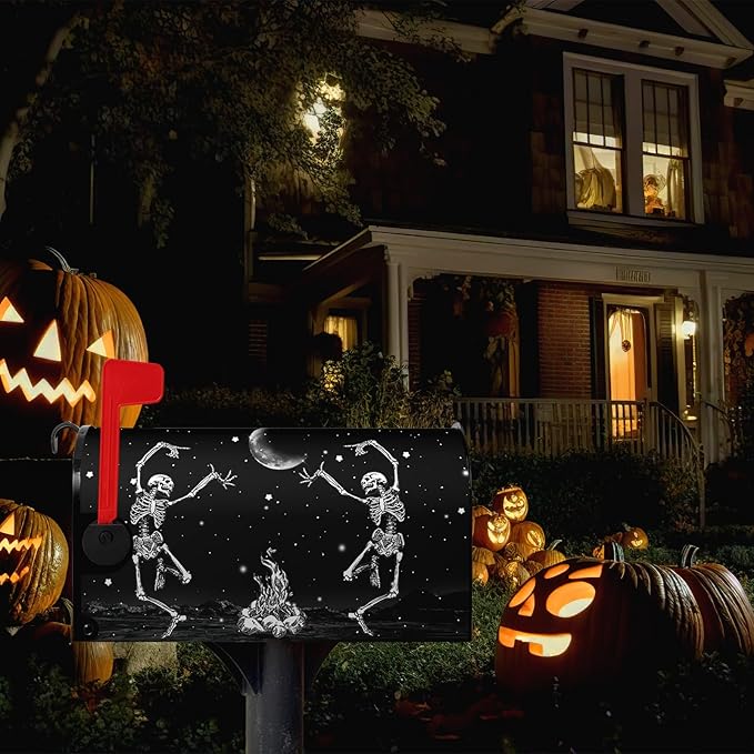 Halloween Skull Mailbox Cover Oversized Dancing Human Skeleton Mailbox Covers Magnetic Large Size 25.5x21 Inch Moon Black Post Letter Box Wraps for Garden Outdoor Decorations