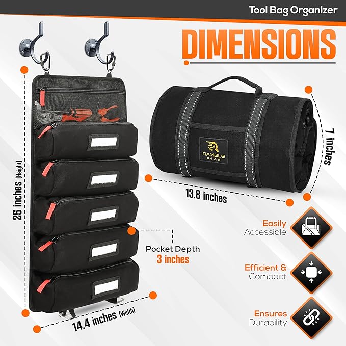 Roll up tool bag organizer with Carabiners - 5 Large Oversized Pockets with Labels-Tool roll bag organizer - Canvas foldable tool Bag organizer | Tool organizer bag for Mechanic, Electrician & more