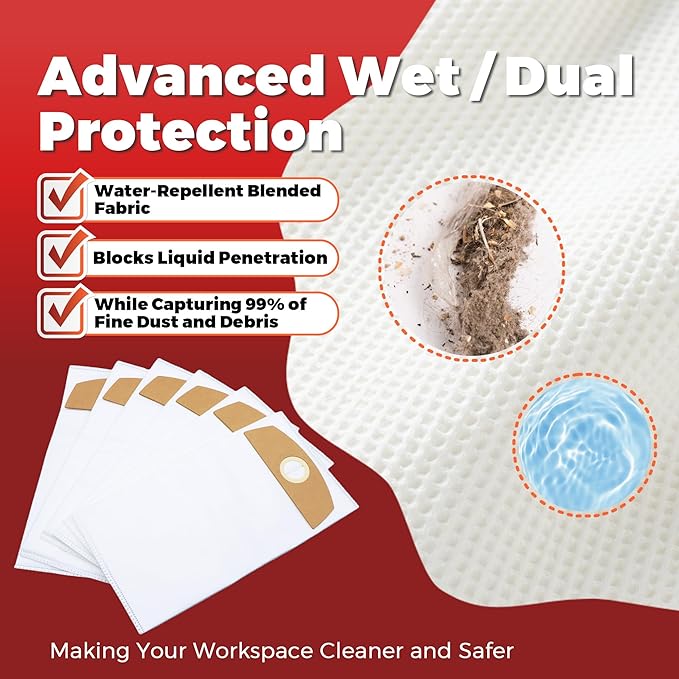 6-Pack Wet/Dry Dust Bags for FLEX 24V Brushless Wet/Dry Vacuum | Filter Bags Compatible with FLEX VC 6L MC & VC 6L MC 18.0 | Vacuum Cleaner Replacement Bags 487287