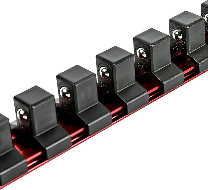 ARES 70203-1/2-Inch Drive Red Aluminum Socket Organizer - Store up to 16 Sockets and Keep Your Tool Box Organized - Sockets Will Not Fall Off this Rail