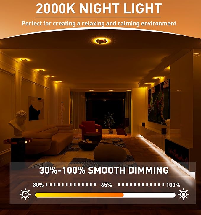 CLOUDY BAY [4 Pack] 6 inch 5 Color Swivel LED Gimbal Recessed Light with Night Light,12W CRI80+ 950LM,2700K/3000K/3500K/4000K/5000K，Canless Angled Adjustable Ceiling Downlight, White Finish