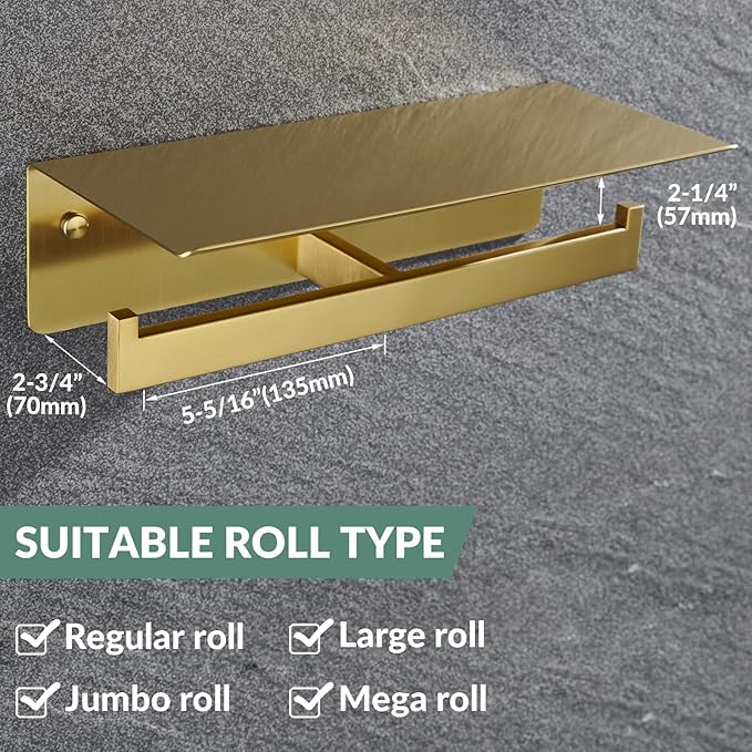 APLusee Brushed Gold Double Toilet Paper Holder with Shelf, Heavy Duty 304 Stainless Steel Tissue Holder for Bathroom with Storage, Commercial Paper Roll Dispenser Wall Mounted