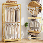 Homykic Bamboo Clothes Rack with Shelves and Double Hang Rods, Portable Closet System Garment Rack for Hanging Clothes, Tall Clothing Rack Corner Closet Organizer, Easy to Built, Natural