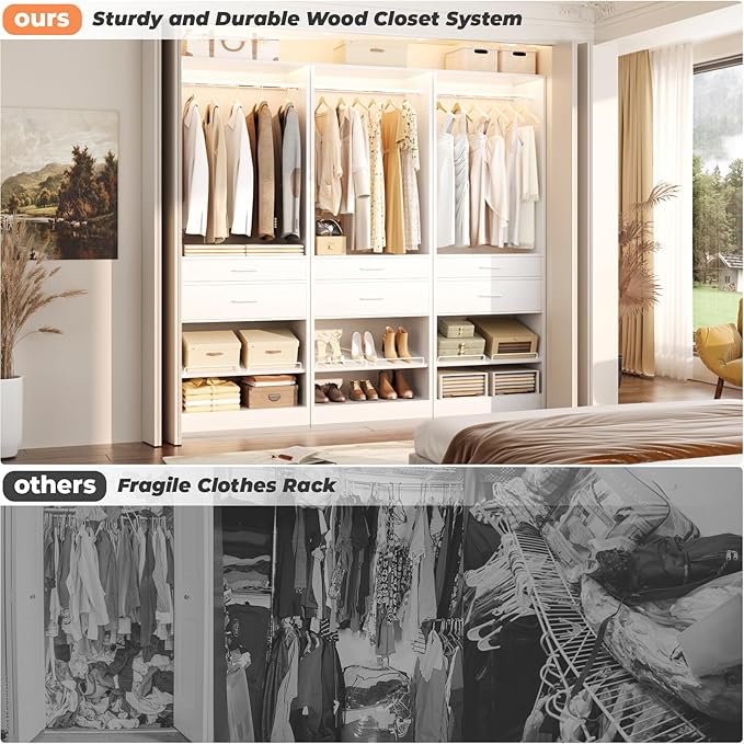 Unikito 25” W x 80'' H Closet Organizer Storage with Hanging Rod and 2 Wooden Drawer, Adjustable Angled Shoes Rack, Sturdy Garment Racks, Walk-in Closet Tower for Bedroom, Mudroom, and Entryway, White