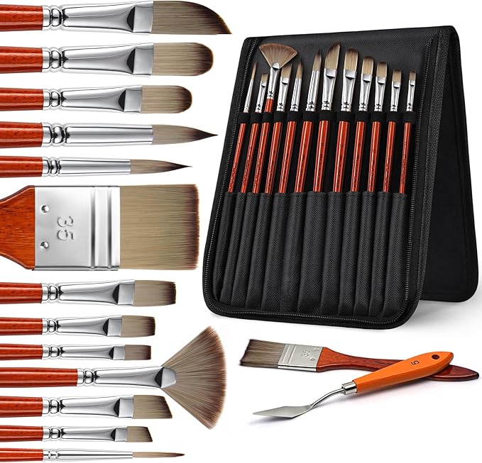 14pcs Acrylic Paint Brushes, Professional Synthetic Bristles Paint Brush Set with Extra Palette Knife - Flat, Filbert, Fan, Dagger, Round, Angle, Rigger Paint Brushes for Oil, Acrylic Canvas Paintings