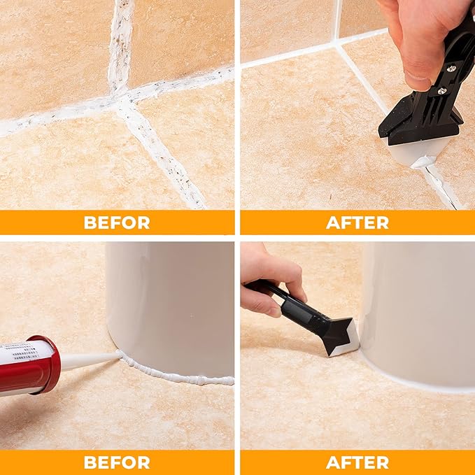 Saker Silicone Caulking Tools-3 in 1 Sealant Finishing Tool Grout Remove Scraper Caulk Remover Glass Glue Angle Scraper for Bathroom,Kitchen,Floor,Window,Sink Joint,Frames Seal (Black Blue)