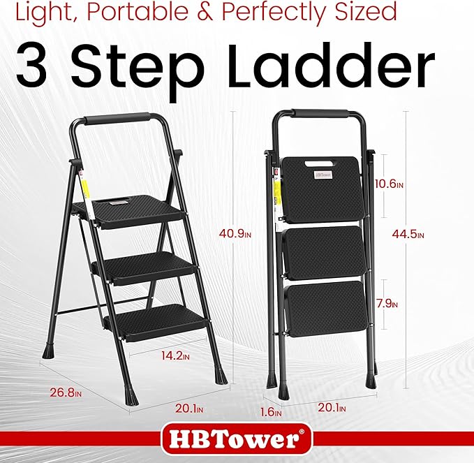 HBTower Step Ladder, Folding Step Stool with Wide Anti-Slip Pedal, Sturdy Steel Ladder, Convenient Handrail, Lightweight, Portable Steel Step Stool
