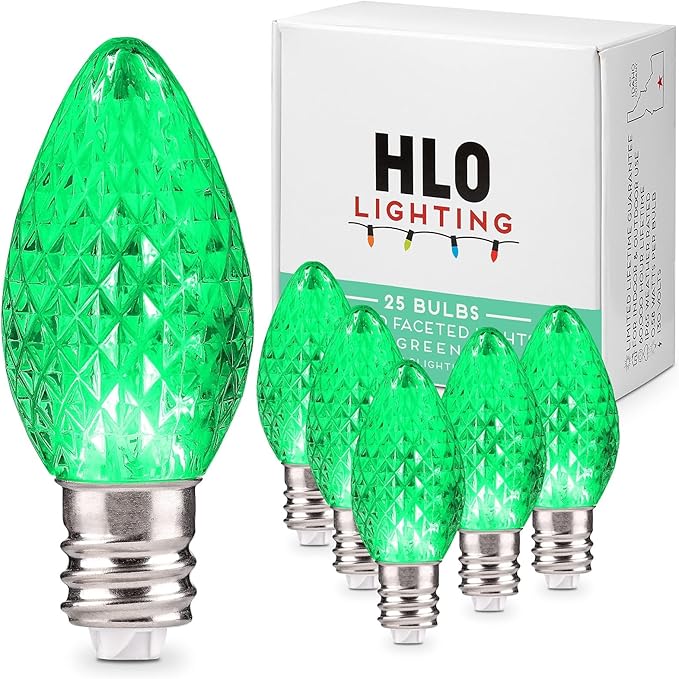 Holiday Lighting Outlet Faceted C7 Christmas Lights | Green LED Light Bulbs Holiday Decoration | Warm Christmas Decor for Indoor & Outdoor Use | 2 SMD LEDs in Each Light Bulb | Set of 25