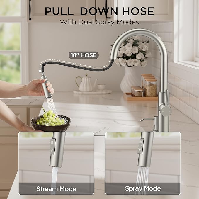 FORIOUS Kitchen Faucet with Soap Dispenser, Modern Brushed Nickel, Single Handle High Arc Stainless Steel Kitchen Sink Faucet with Pull Down Sprayer, 1 or 3 Hole Deck Mount for RV, Laundry, Outdoor