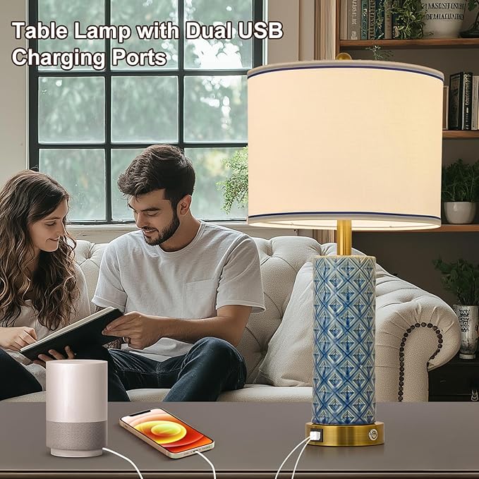 Set of 2 Table Lamp for Living Room Bedroom Farmhouse,26'' Touch Control Bedroom Aqua Blue Ceramic Lamps 3-Way Dimmable Bedside Lamps with USB A+C Ports Linen Shade for Home