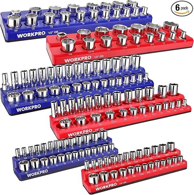 WORKPRO Magnetic Socket Organizer Set, 6-Piece Socket Holder Set Includes 1/4", 3/8", 1/2" Drive Metric SAE Socket Trays, Holds 143 Pieces Sockets, Christmas Gift for Men(Socket not Included)
