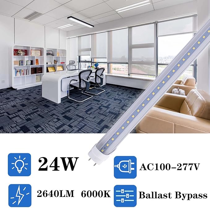 12 pcs 4FT 24W T8 LED Tube Light White Daylight 6000k 4' LED Bulbs Garage Warehouse Shop Light Ballast Bypass G13 Base T10 T12 Fluorescent lamp Replacement AC100-277V Clear Cover