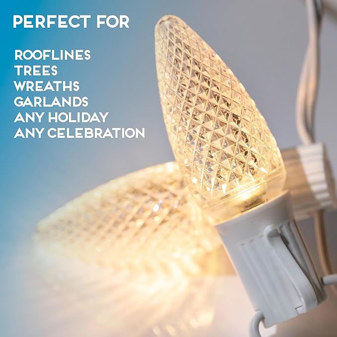 HLO Lighting Set of 25 Sun Warm White C9 Faceted LED Christmas Light Bulbs for Indoor & Outdoor Use | Durable Replacement Bulb