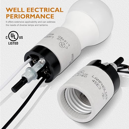 UL Listed Porcelain E26 Lamp Socket with 6'' Wire Lead, High Temp Resistant, Rotary Knob ON/Off Switch with 2 Wire Connectors Nuts for DIY Table Lamp,Pendant Light Replacement (3)