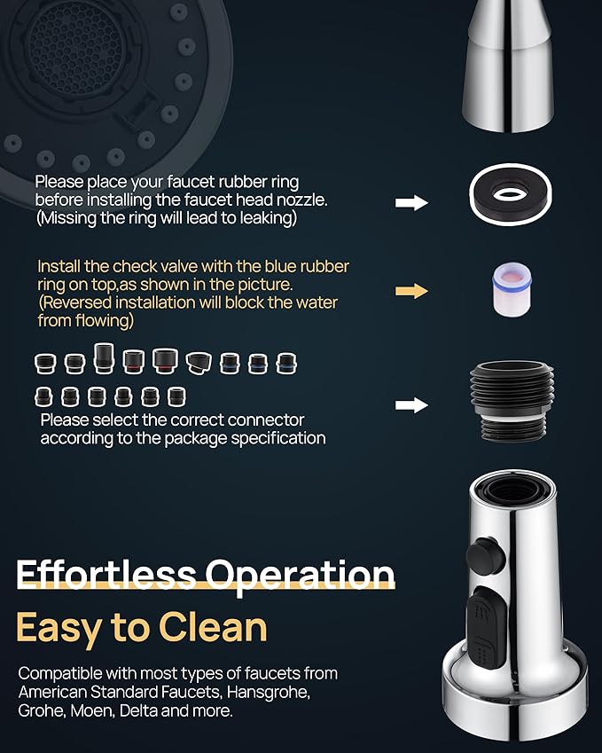 J-HVA Pull Down Kitchen Faucet Sprayer Head Replacement Part with 15 Connectors, 3 Function Pull Out Sink Sprayer Replacement Nozzle, Kitchen Faucet Head Hose Spray Tap Spout, Chrome