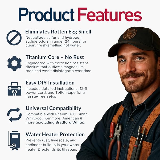 Powered Anode Rod for Hot Water Heater (40-90 Gallon), 25-Year Warranty, Eliminates Rotten Egg & Sulfur Smell in 24 Hours, Stops Corrosion, Fast Installation, Titanium Built, Universal Fit, 1 Pack